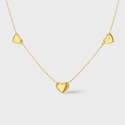 14K Yellow Gold three small heart necklace, front view