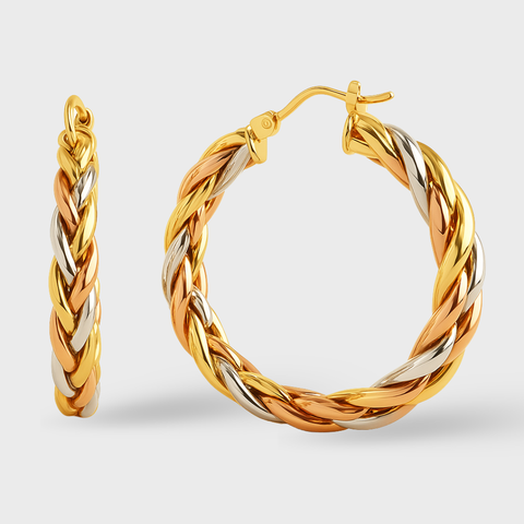 18K Yellow Gold tri-tone italian braided hoop earrings, front view