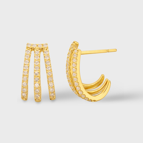 14K Yellow Gold triple prong diamond earrings with round white diamonds, front view