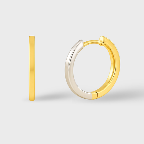14K Yellow Gold two-tone huggie earrings, front view