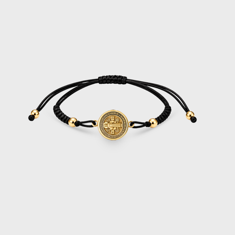 14K Yellow Gold two tone st. benedict black silk bracelet, front view