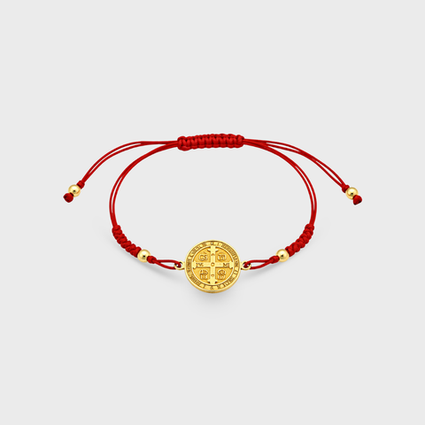 14K Yellow Gold two tone st. benedict on red silk bracelet, side view