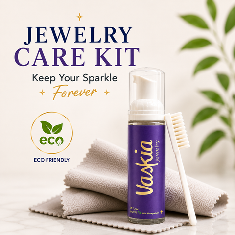 Vaskia Jewelry Care Kit — foam cleaner pump bottle, soft-bristle brush, and purple polishing cloth