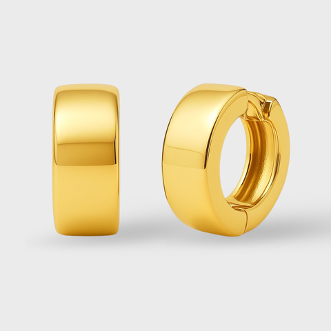 14K Yellow Gold wide huggie earrings, front view
