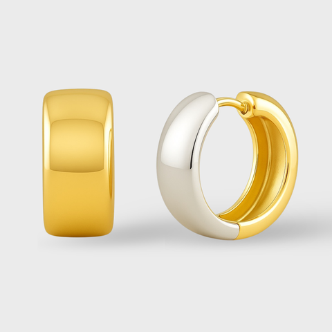 14K Yellow Gold wide two-tone huggie earrings, front view