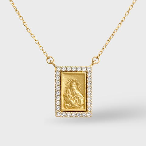 14K Yellow Gold zirconia bezeled scapulary necklace with zirconia, front view