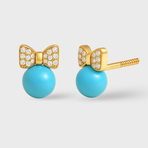 14K Yellow Gold zirconia bow & turquoise earrings with zirconia, front view