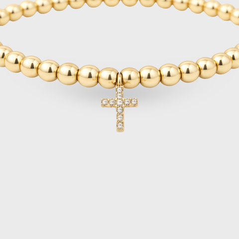 14K Yellow Gold zirconia cross elastic bead bracelet with zirconia, detail view