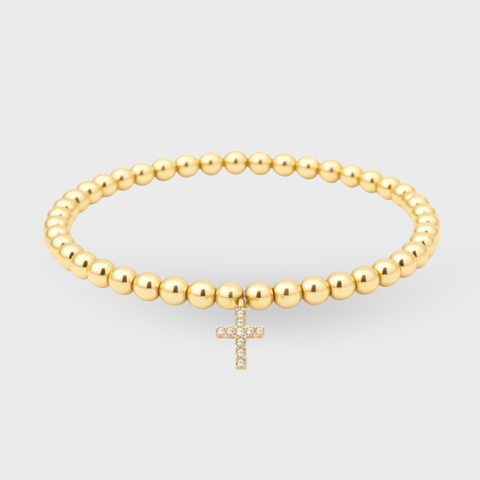14K Yellow Gold zirconia cross elastic bead bracelet with zirconia, front view