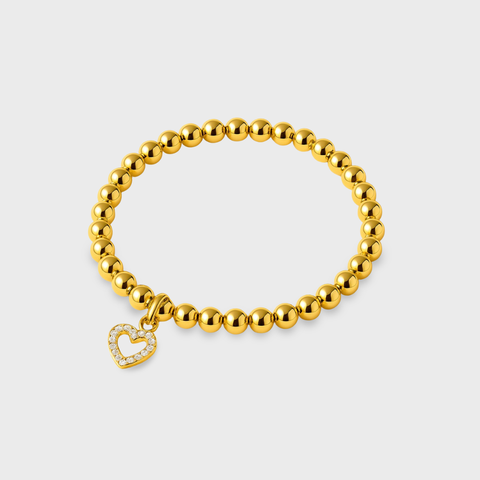 14K Yellow Gold zirconia heart silhouette elastic bead bracelet with zirconia, front view