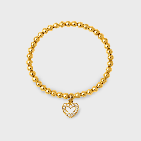 14K Yellow Gold zirconia heart silhouette elastic bead bracelet with zirconia, side view