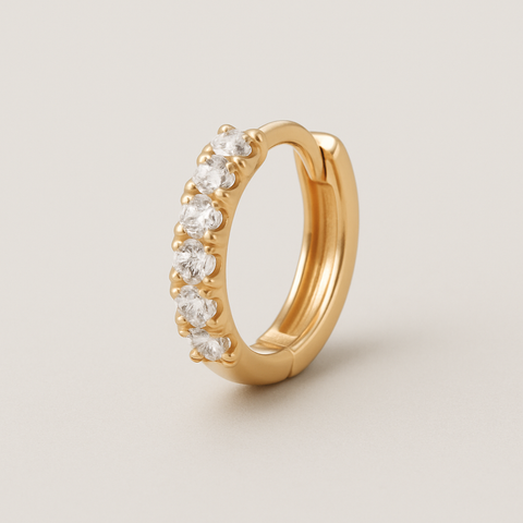 14K gold huggie piercing with round cubic zirconia stones