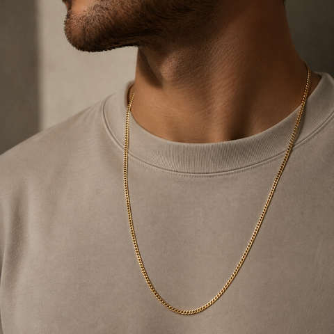 A close-up of a man wearing a delicate gold chain necklace over a light beige crewneck sweatshirt.