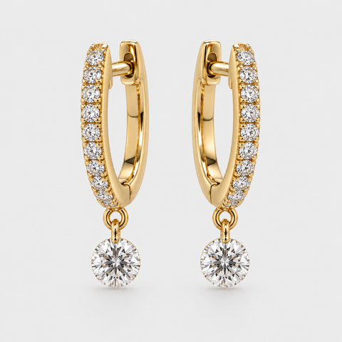 Diamond Drop Huggie Earrings in 14K Yellow Gold.