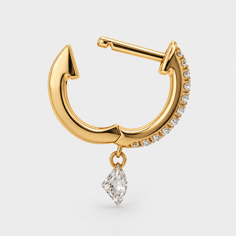 Open fastening of Diamond Drop Huggie Earrings in 14K Yellow Gold.