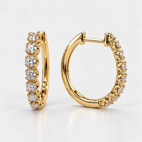 Side view of Diamond Huggie Hoop Earrings in 14K Yellow Gold, 0.40 Carats.