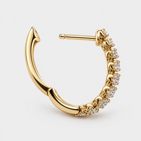 Open fastening of Diamond Huggie Hoop Earrings in 14K Yellow Gold, 0.40 Carats.