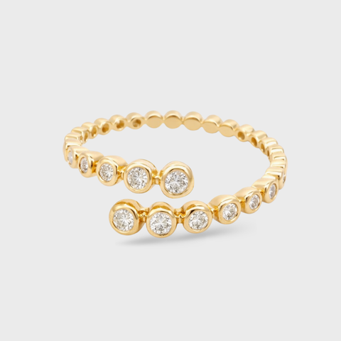 14K Yellow Gold 14k open diamond bezel wrap ring with round white diamonds, front view