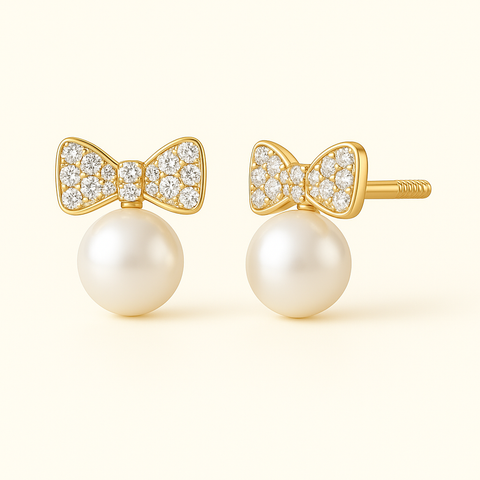 14Kt Cubic Zirconia Bow & Pearl Disc Earrings