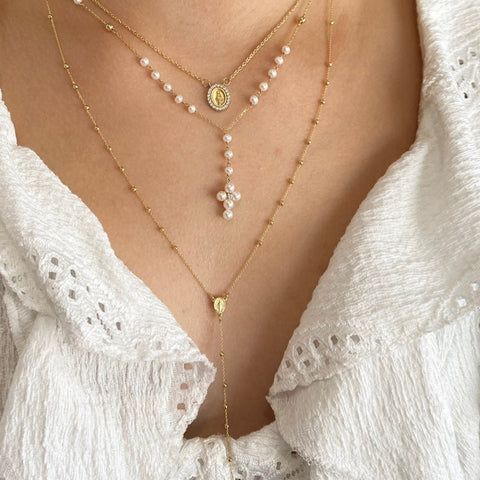 18K Yellow Gold thin long rosary necklace, side view