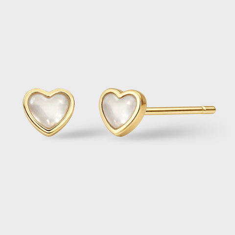 14K Yellow Gold tiny bezeled mother of pearl heart earrings with pearl, front view