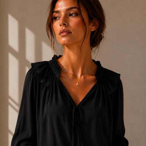 A woman wearing a black long-sleeve blouse with a ruffled collar and front tie detail, paired with white trousers and a tan belt, standing in warm sunlight against a beige wall.