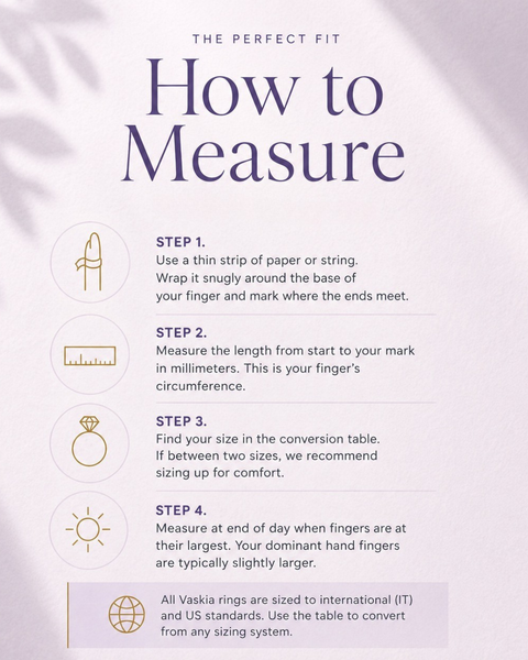 Vaskia ring sizing guide: 4-step instructions to measure finger circumference with paper or string, size up if between sizes, measure at end of day