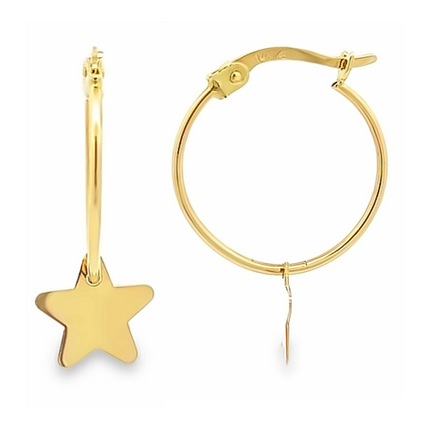 Pair of 14Kt yellow gold hoop earrings with dangling polished star charms, French lock closure.
