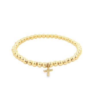 14Kt Zirconia Cross Elastic Bead Bracelet