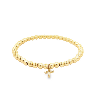 14Kt Cubic Zirconia Cross Elastic Bead Bracelet