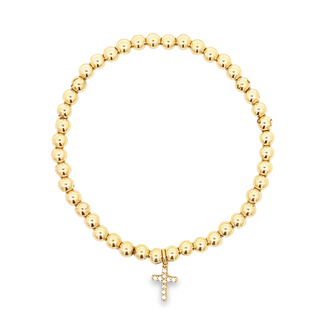 14Kt Cubic Zirconia Cross Elastic Bead Bracelet