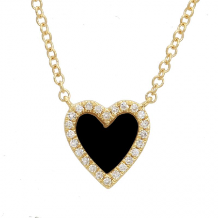 14Kt Small Diamond Bezeled Onyx Heart Necklace