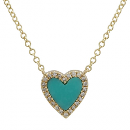 14Kt Small Diamond Bezeled Turquoise Heart Necklace