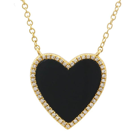 14Kt Black Onyx & Diamond Heart Necklace (Adjustable Length)