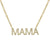 Close-up of diamond “Mama” nameplate necklace in 14K gold with pavé setting.