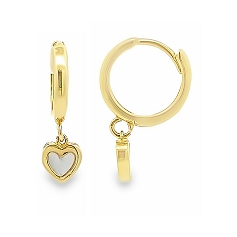 Small Dangling Mother of Pearl Heart Earrings in 14K Gold