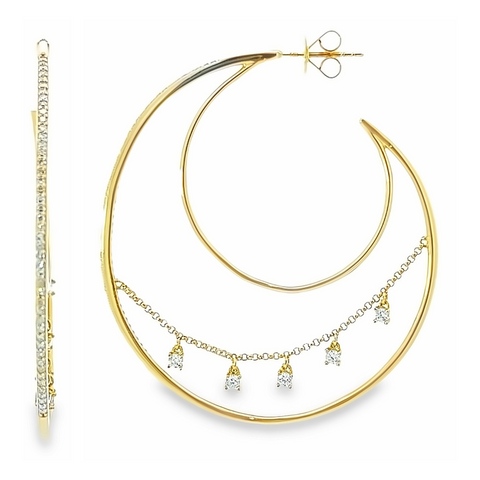 18Kt Large Diamond Moon & Chain Hoop Earrings