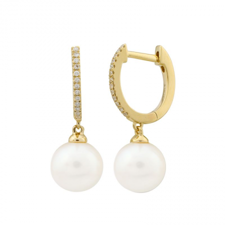 14K yellow gold pavé diamond huggie earrings with 7.5 mm freshwater pearl drops