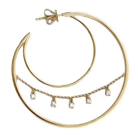 18Kt Large Diamond Moon & Chain Hoop Earrings
