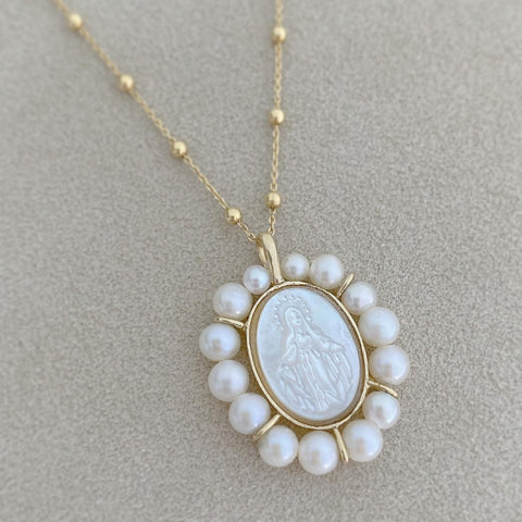 14Kt Miraculous Virgin Mother of Pearl Medal with Pearls