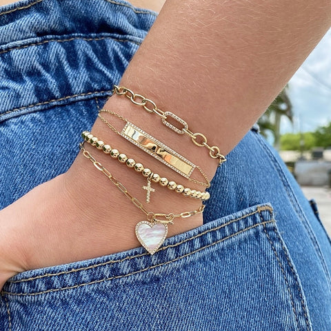 14Kt Zirconia Cross Elastic Bead Bracelet