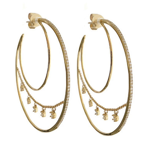 18Kt Large Diamond Moon & Chain Hoop Earrings